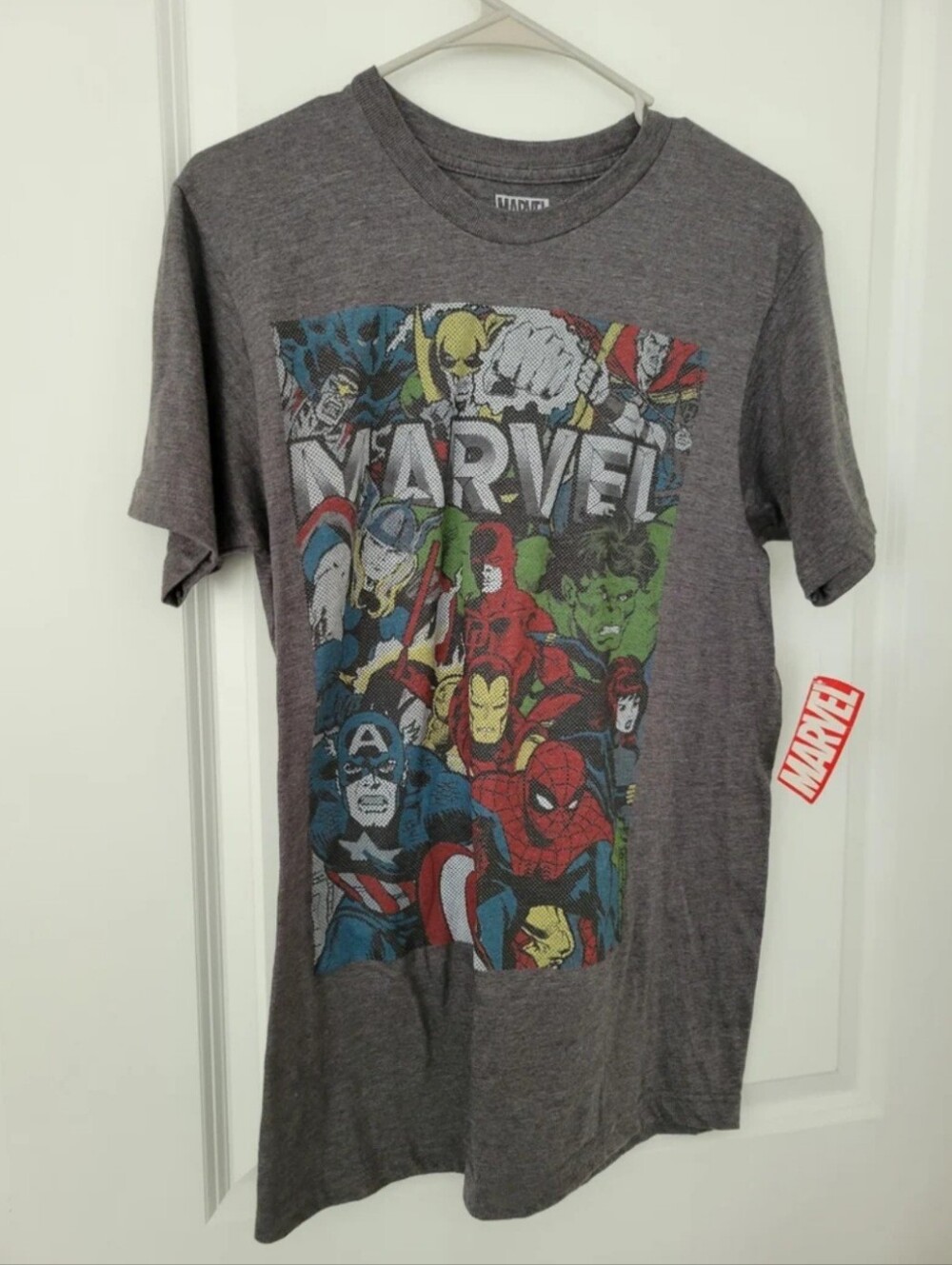 Marvel Gray Tee with Multicolor Superhero Panel